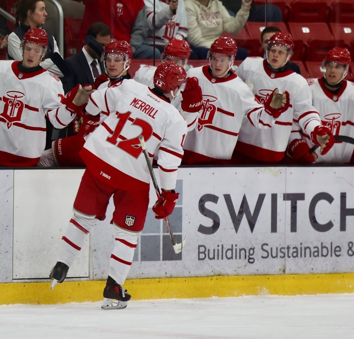 Merrill celebrates goal on Dec. 31 vs Cedar Rapids