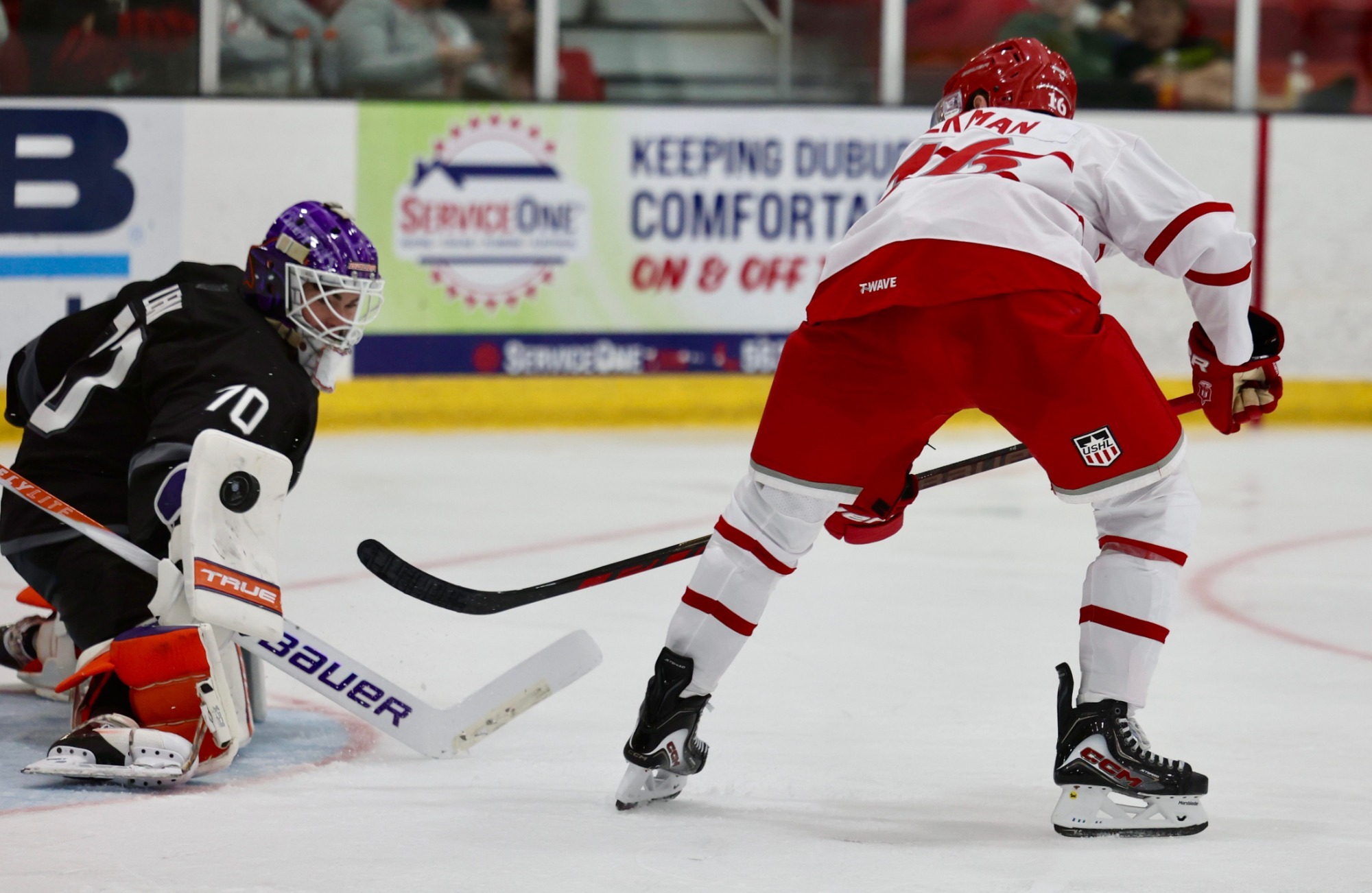 Melvin Ekman shoots puck against Youngstown on Oct. 10