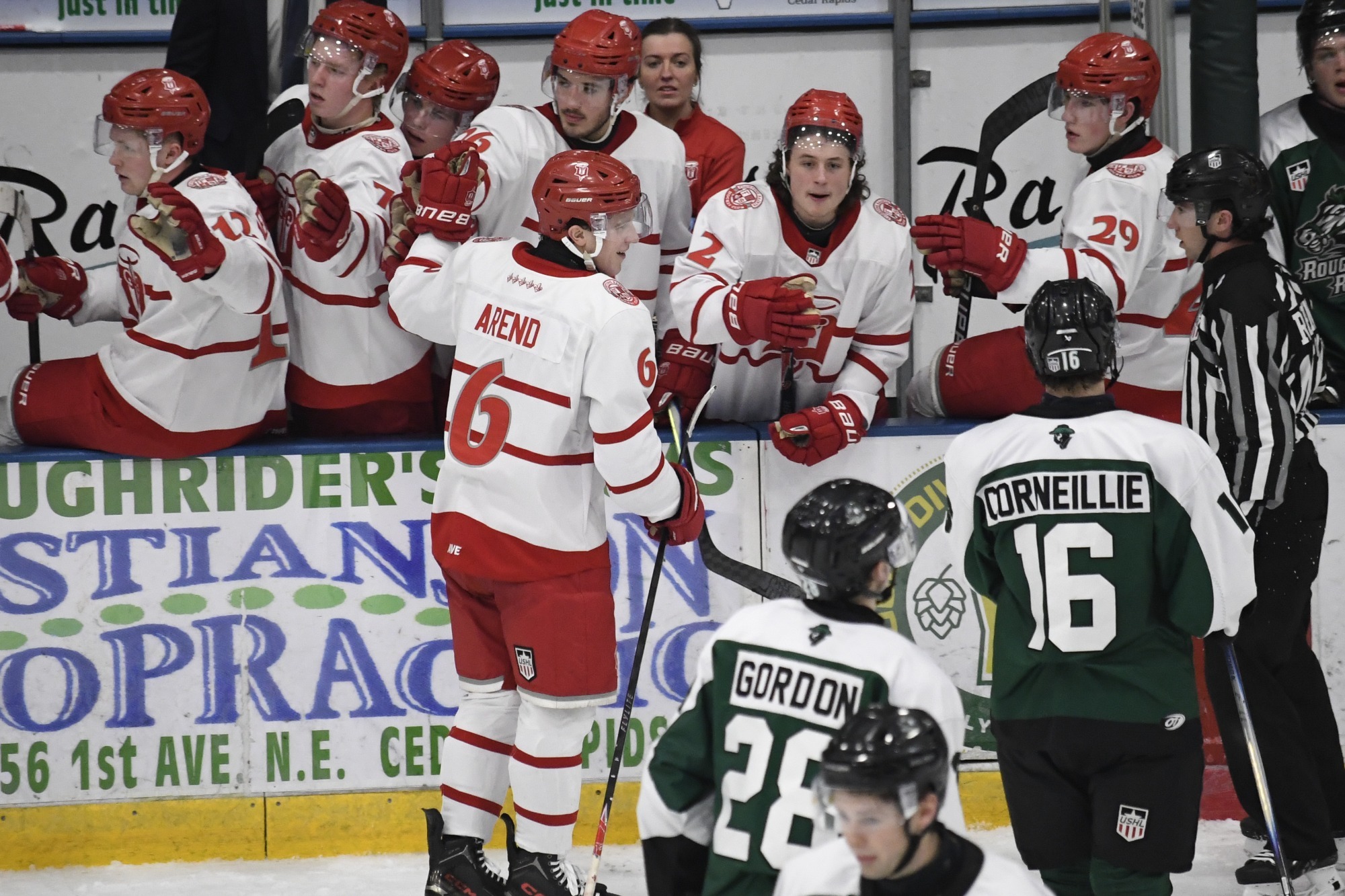 Charlie Arend celebrates goal against Cedar Rapids on Feb. 7