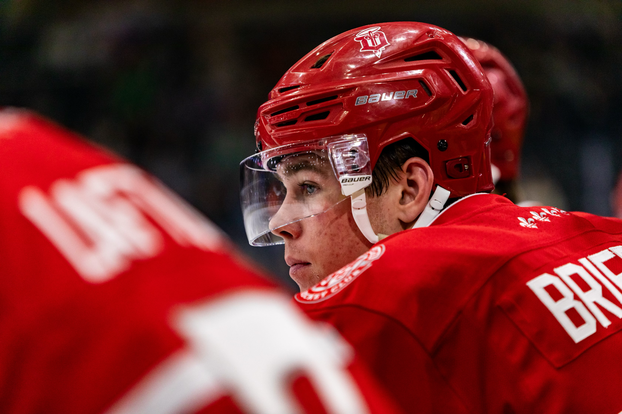 Luke Brierley watches from bench during game at Fargo on March 28