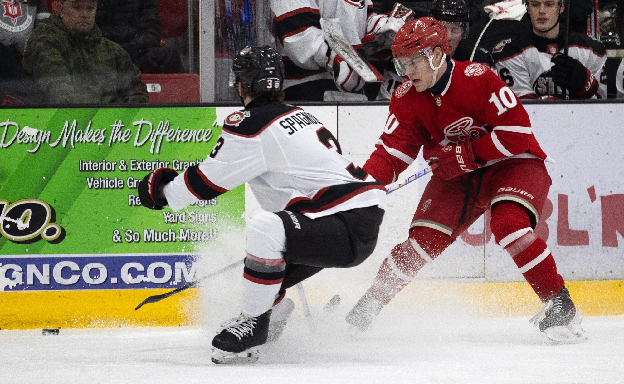 Caden Dabrowski plays puck against Chicago on March 7