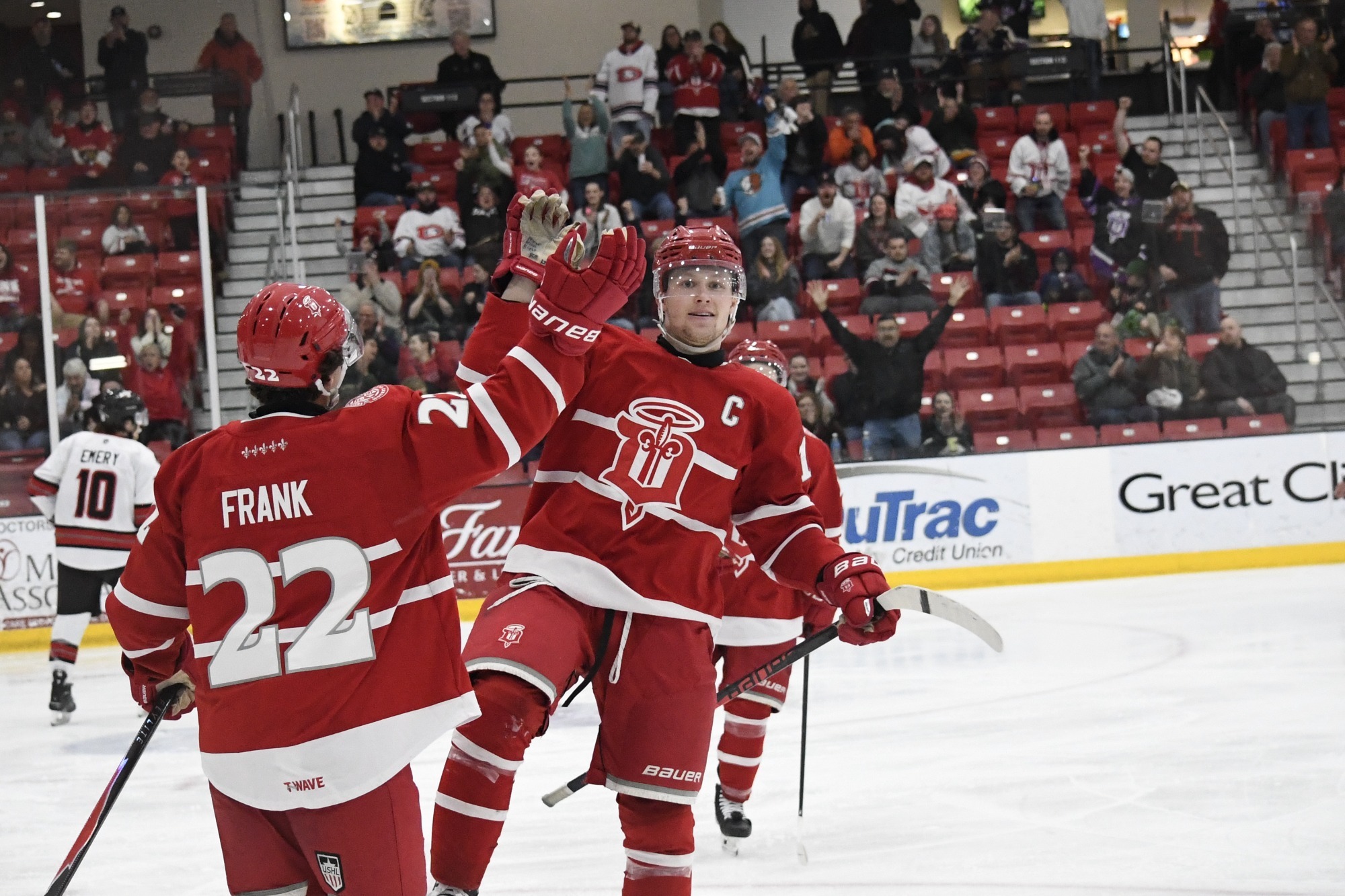 Teddy Merrill celebrates goal in third period on April 1