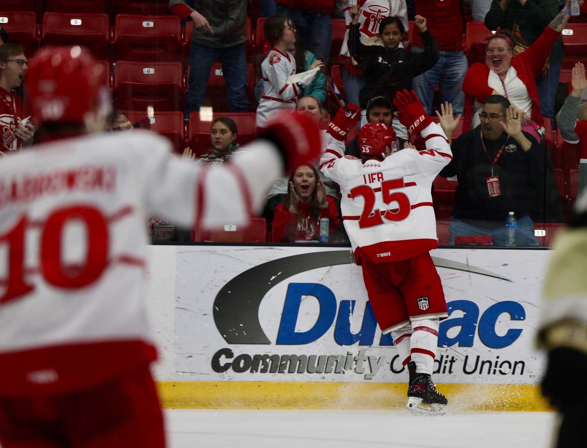 Xavier Lieb celebrates game-winning goal in ECSF Game 1 vs MUS on April 17