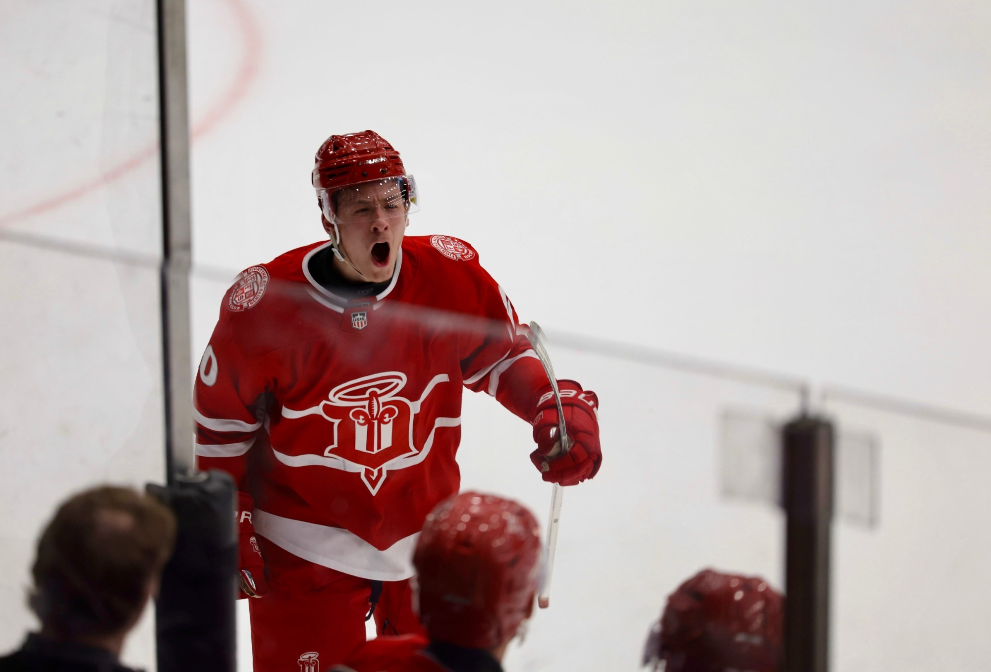 Gavin Lock celebrates goal vs Muskegon in Game 3 of ECSF on April 24