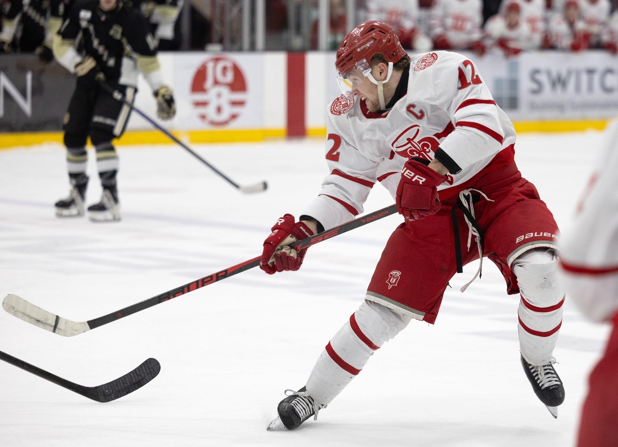 Teddy Merrill shoots puck in Game 5 against Muskegon