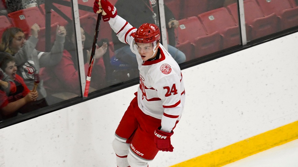 Max Lind celebrates preseason goal against Chicago on Sept. 3