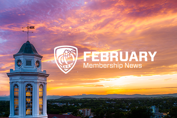 February Membership News text with campus image in background (in color)