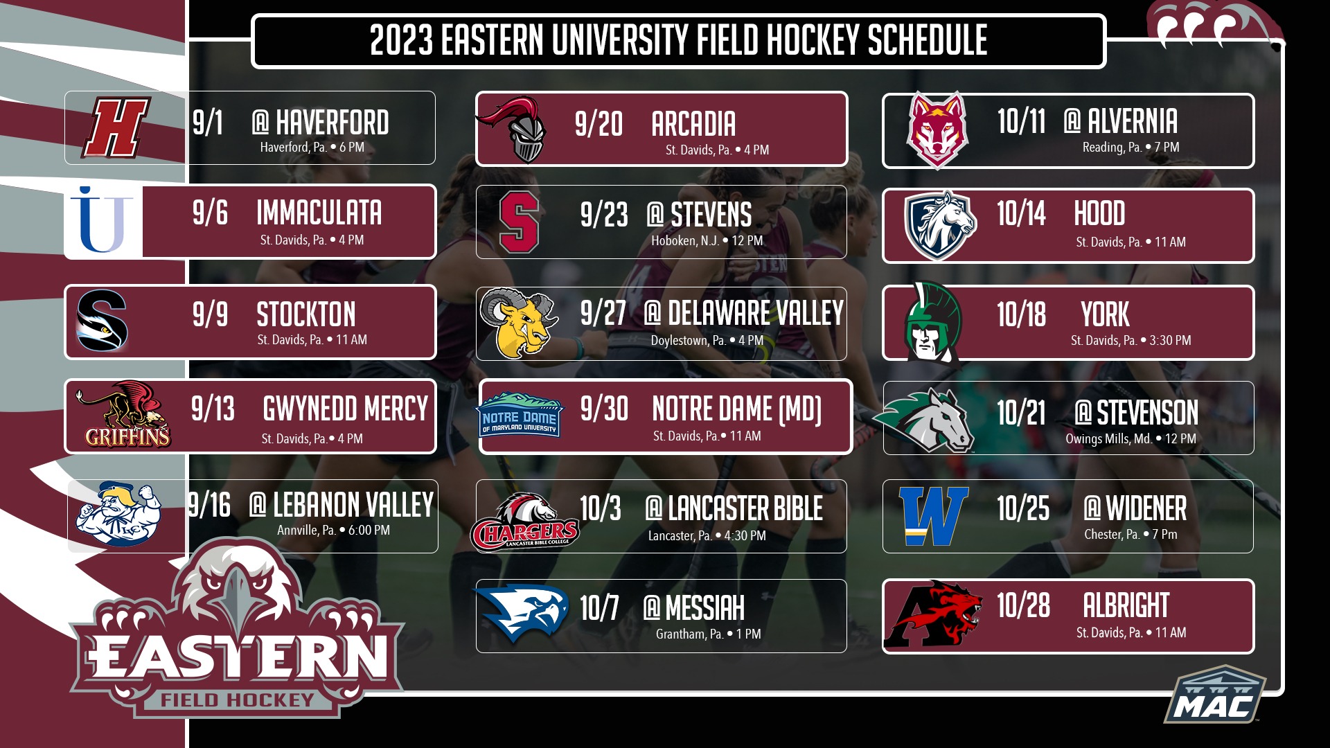 Field Hockey Releases 2023 Schedule Eastern University Athletics