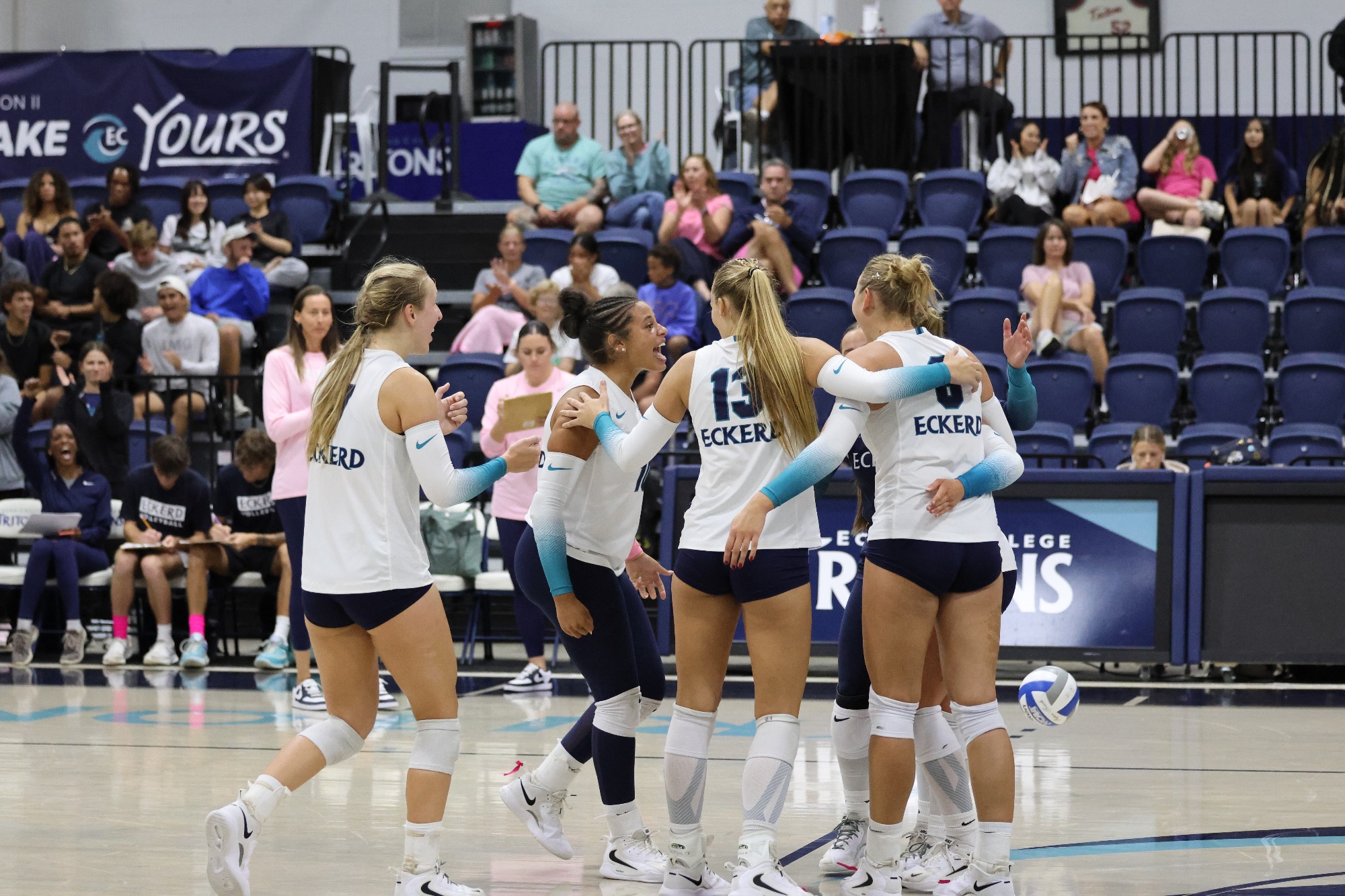 Players celebrate winning a point