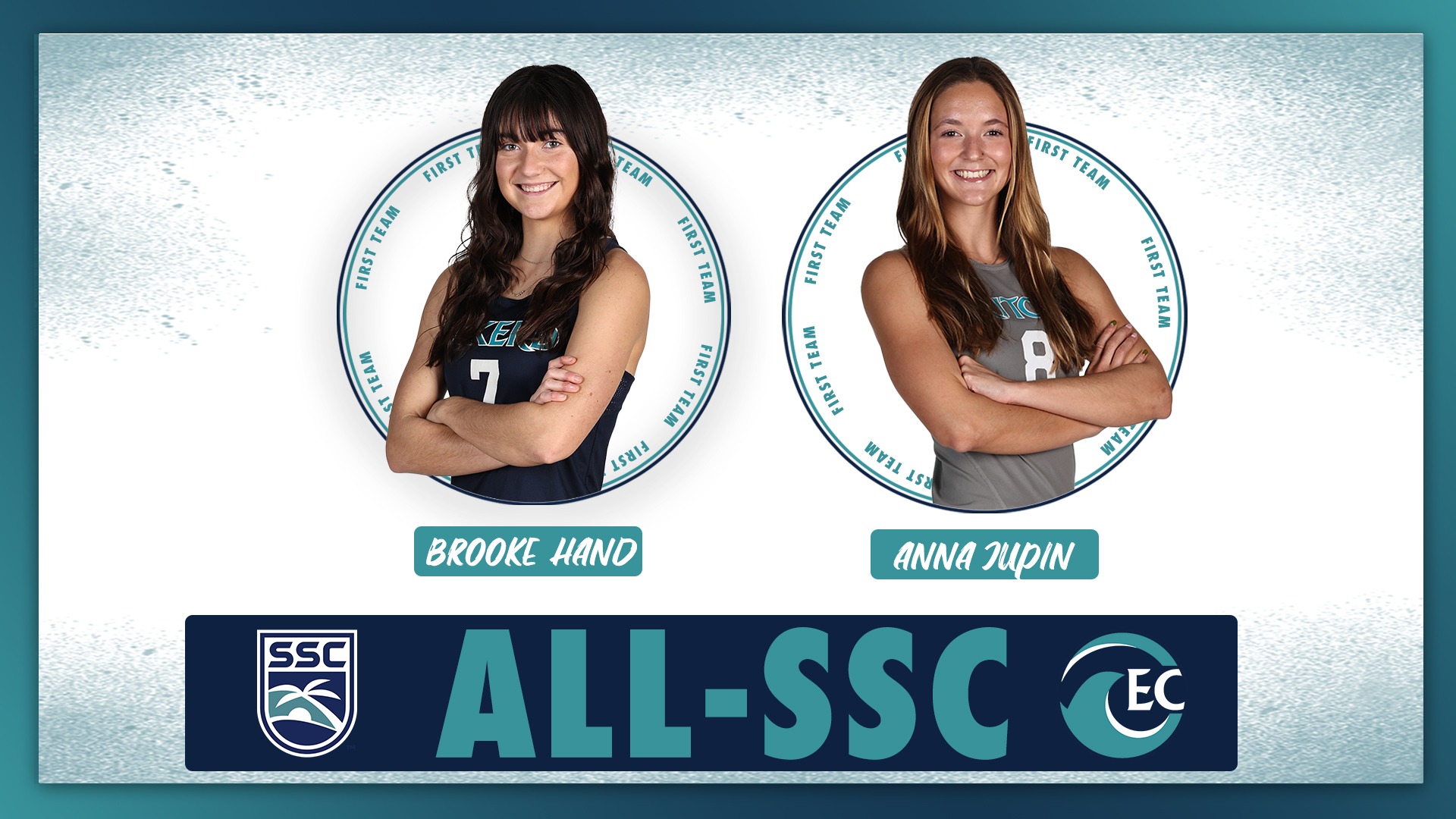 two beach volleyball players posed in uniform Text: All-SSC 