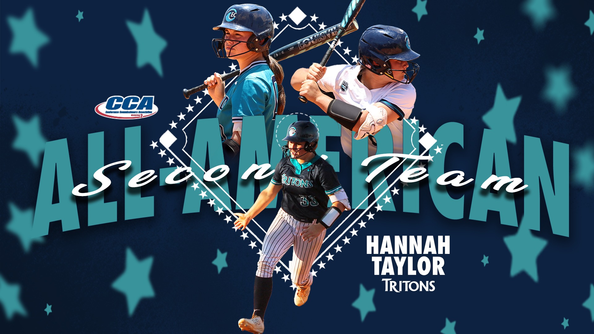 three action shots of softball player with decorative stars Text: Hannah Taylor 2nd team all-american 