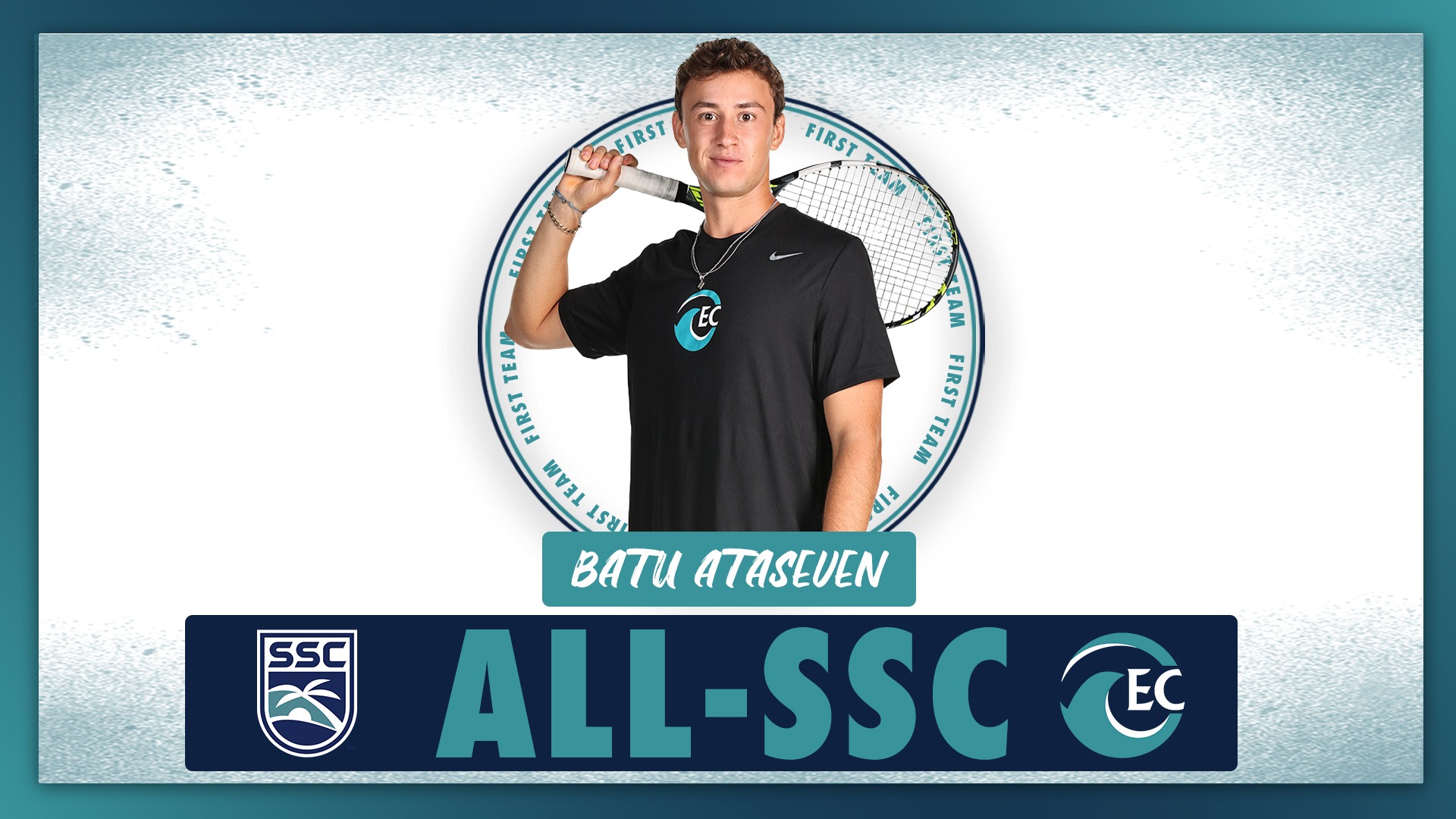 men's tennis player posed in drama phot with racket Text: All-SSC First Team