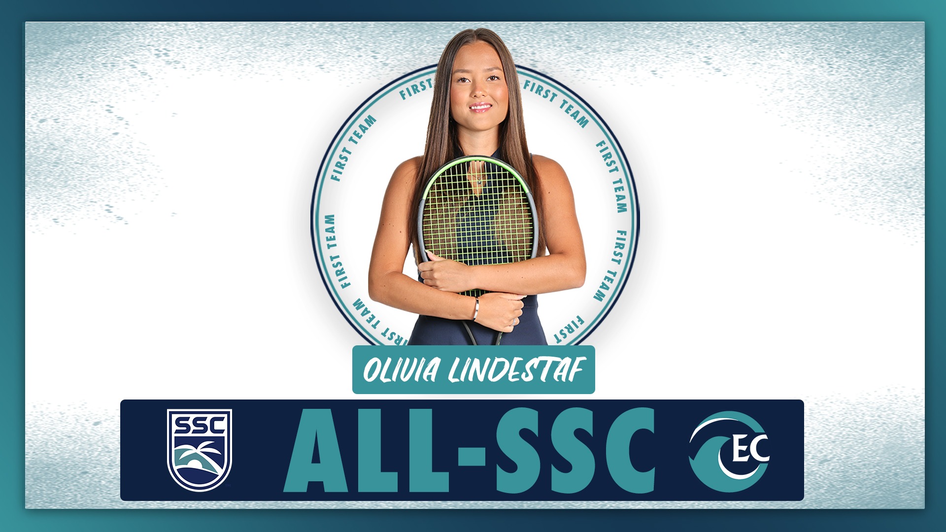 women's tennis player posed in uniform with racket text: all SSC