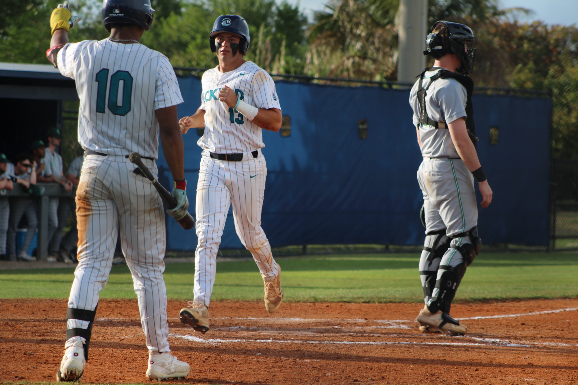 Player crosses home plate