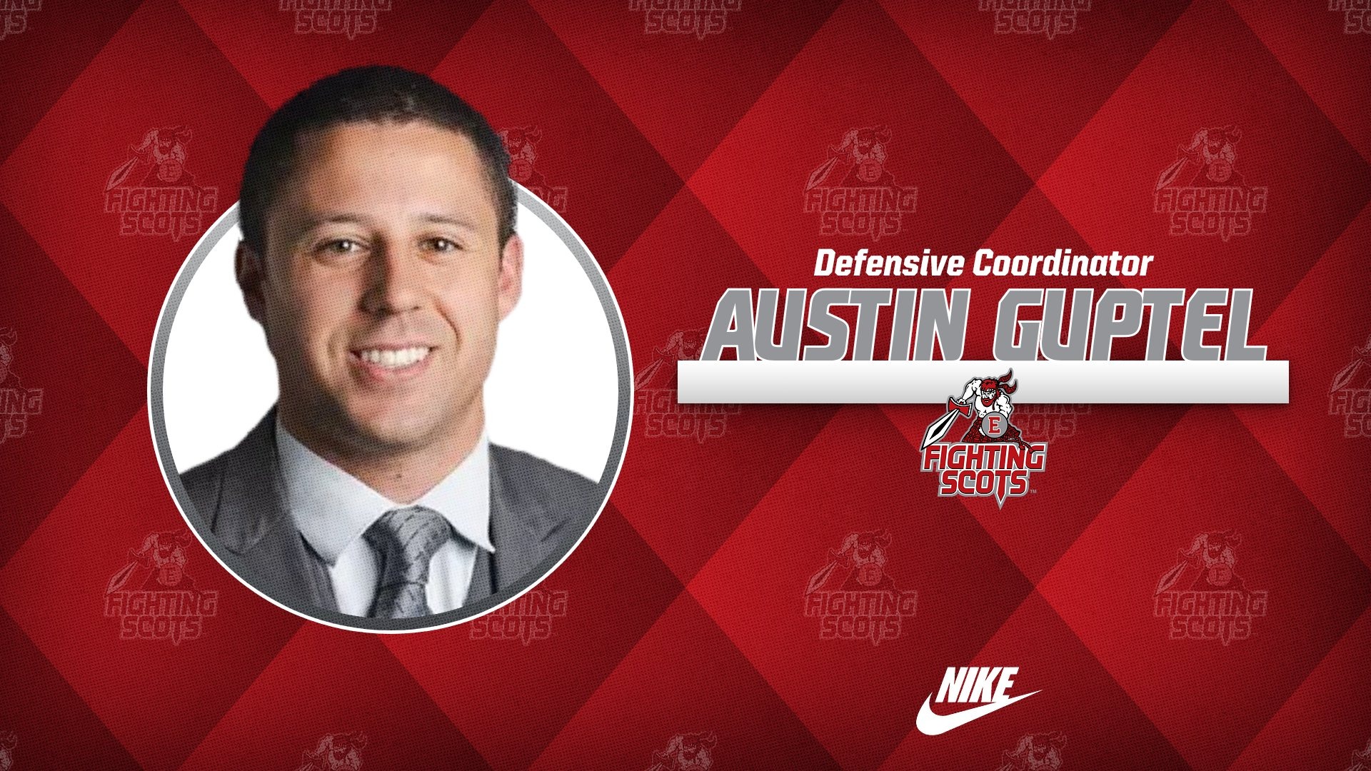 A graphic featuring Edinboro defensive coordinator Austin Guptel