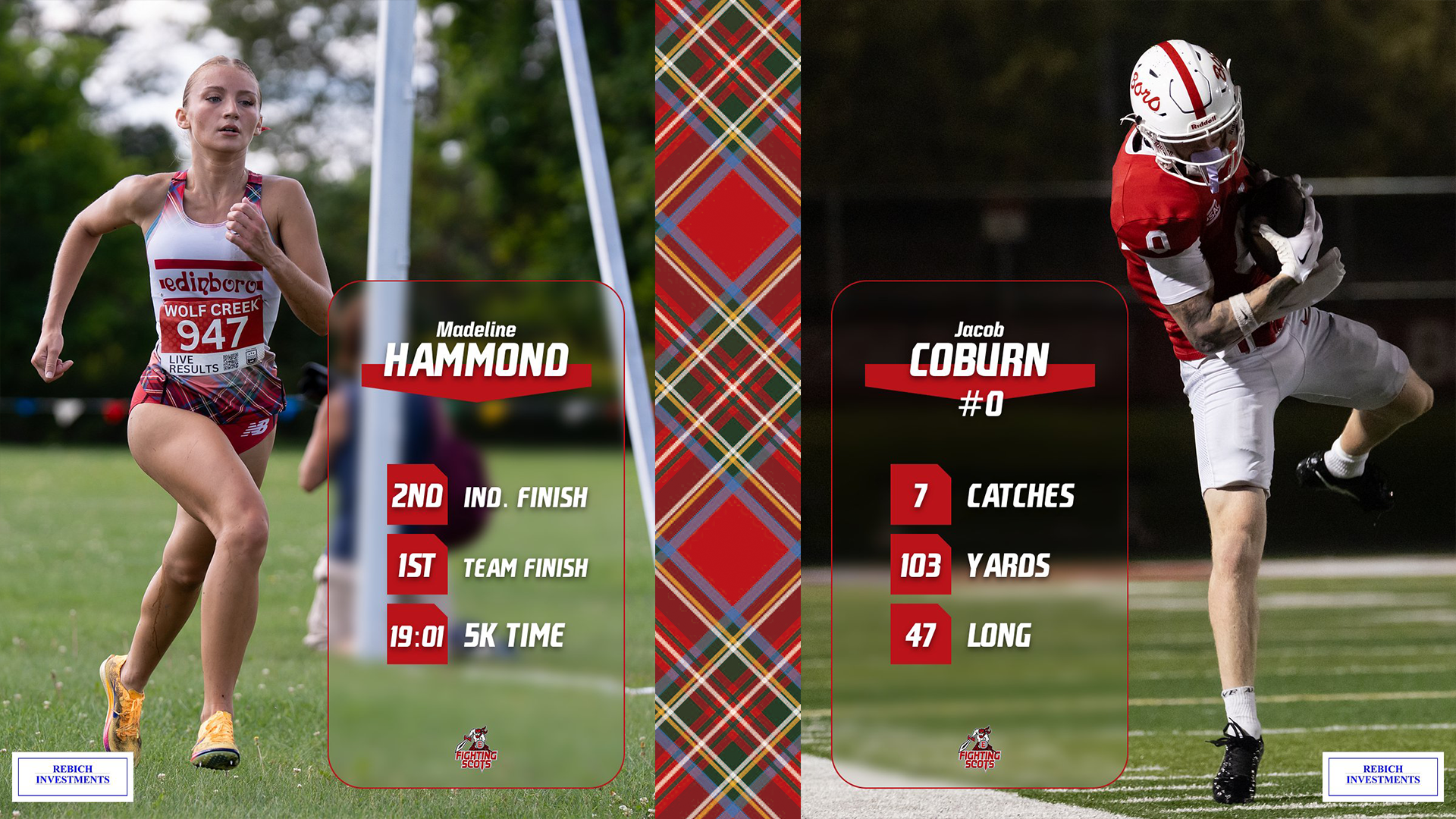 Fighting Scots of the Week Graphic Featuring Madeline Hammond and Jacob Coburn