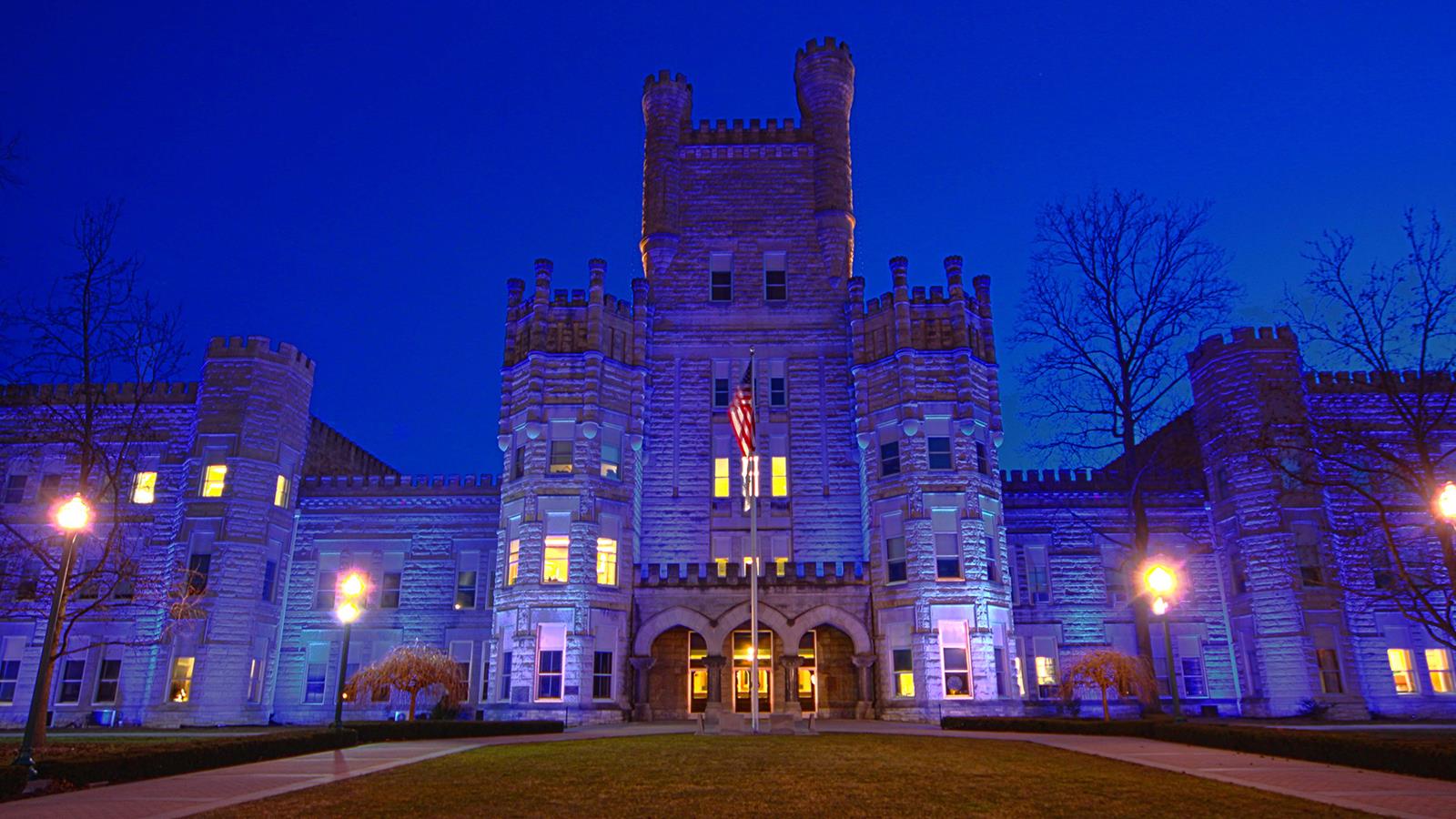 EIU Old Main Blue Lights 