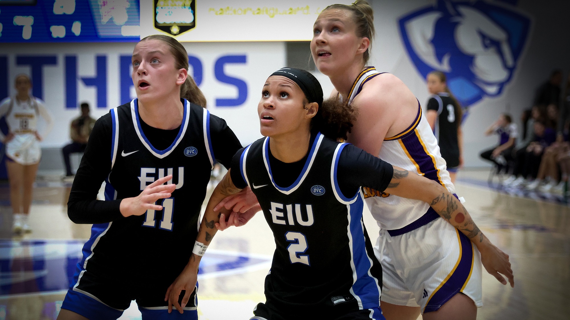 Kennedy Davis and Clara Glad fight for a rebound against Western Illinois