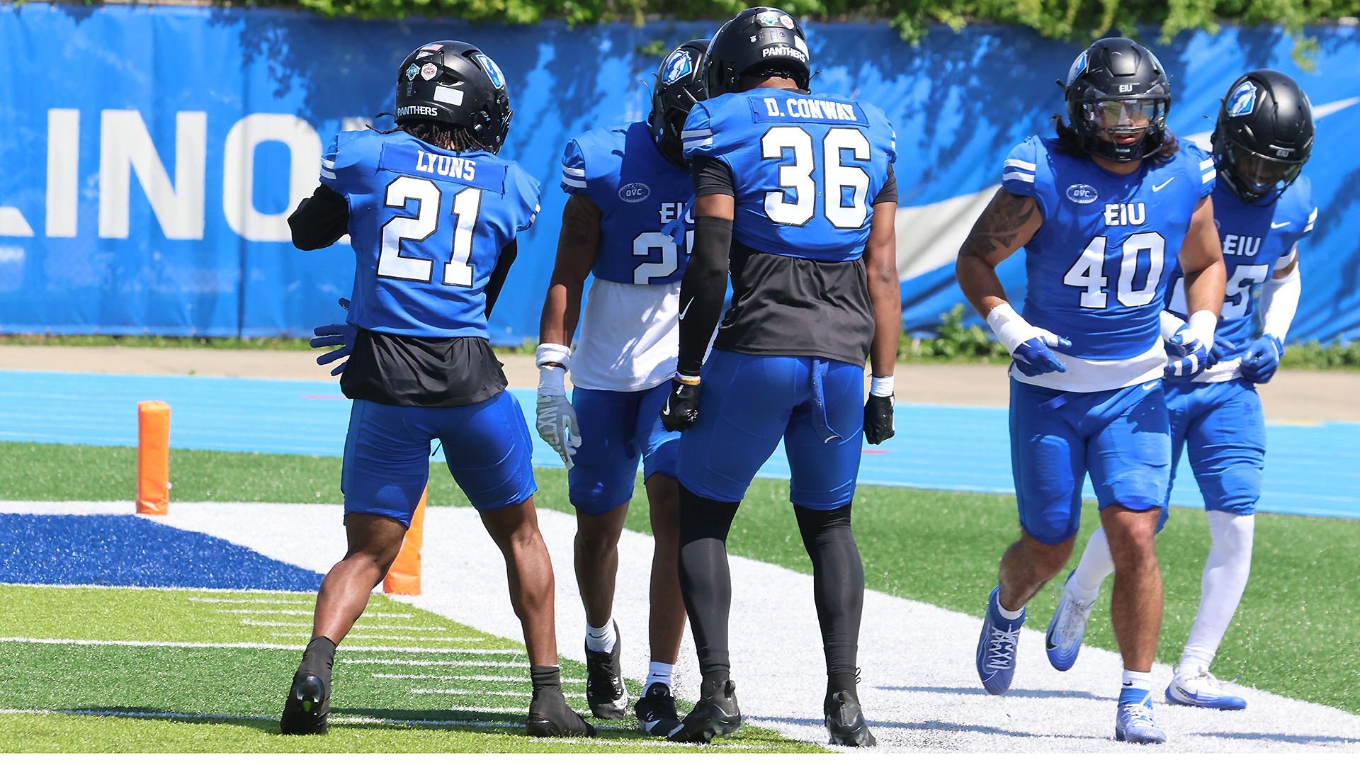 EIU football defense won the 2026 Spring Game with a 41-28 win  (members of the EIU defense celebrate with Josh Brown who picked off a pass)