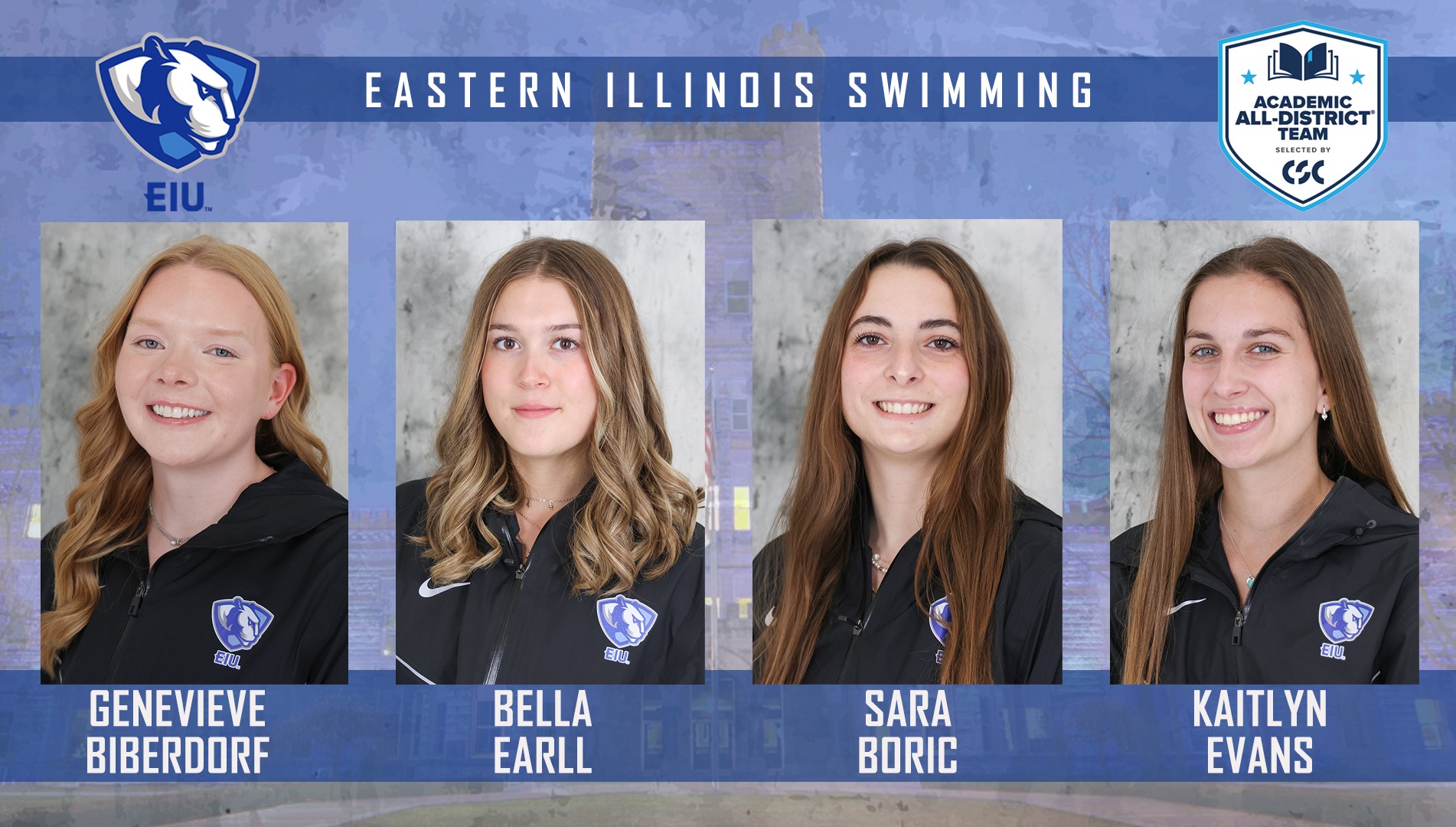 EIU with four women's swimmers on CSC Academic All-District List - Genevieve Biberdorf, Bella Earll, Sara Boric and Kaitlyn Evans