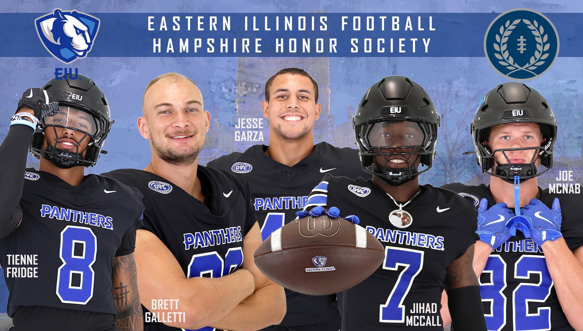 EIU with five football players named to Hampshire Honor Society on Wednesday (April 8) - pictured are Tienne Fridge, Brett Galletti, Jesse Garza, Jihad McCall and Joe McNab