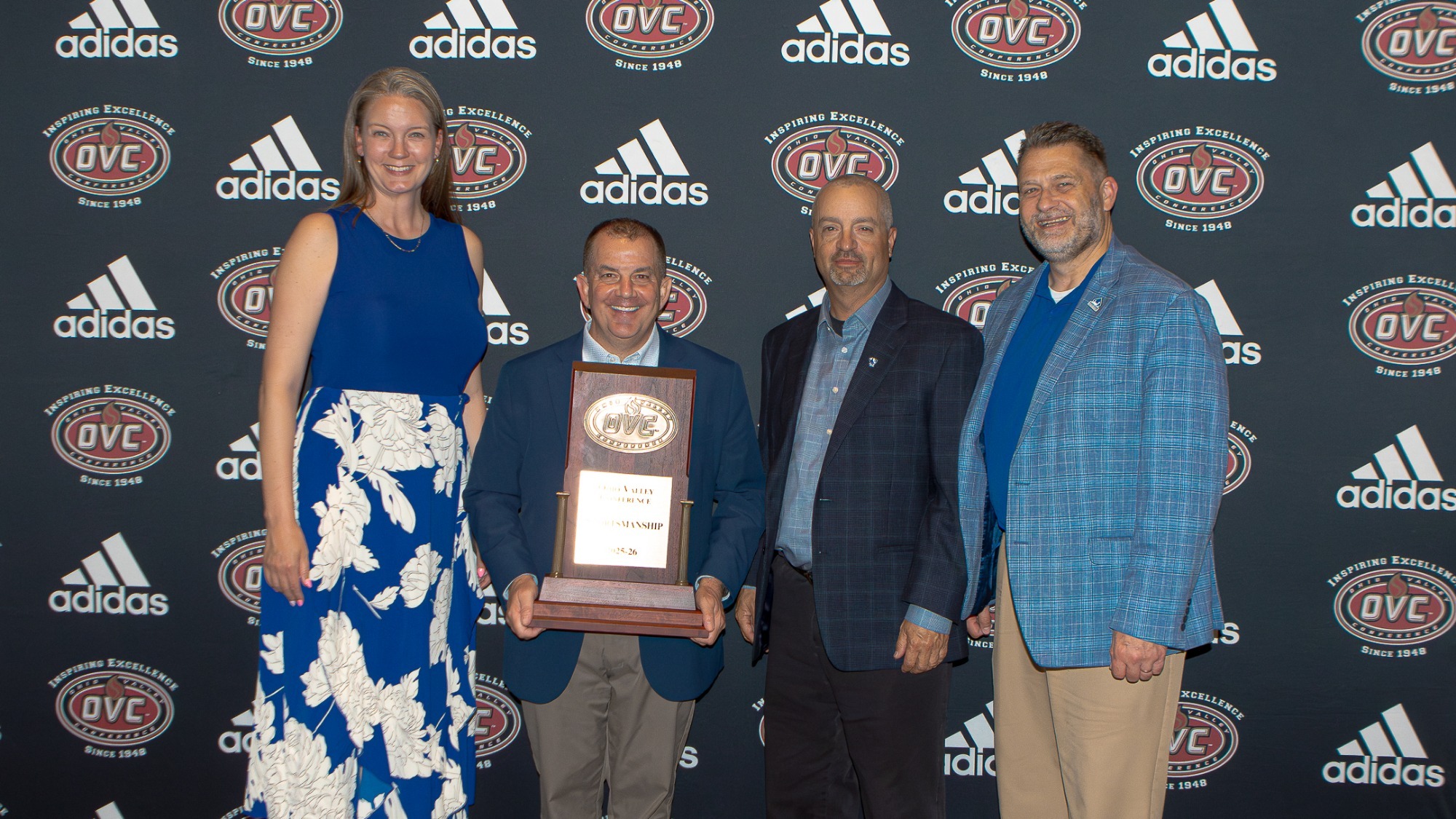 EIU wins 2026 OVC Sportsmanship Award (pictured Jenn King, President Jay Gatrell, Dr. Jim Davis, Dr. Austin Cheney)
