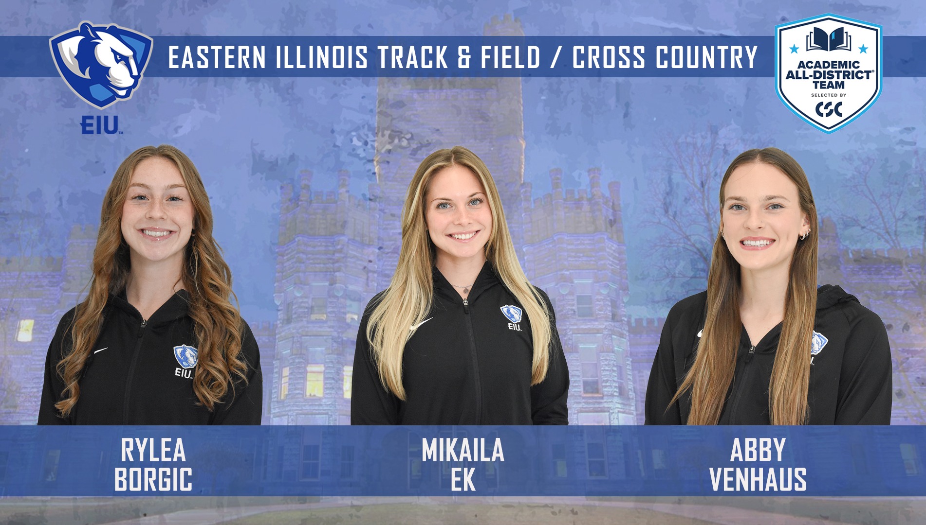 EIU women's track & field / cross country with three athletes named Academic All-District