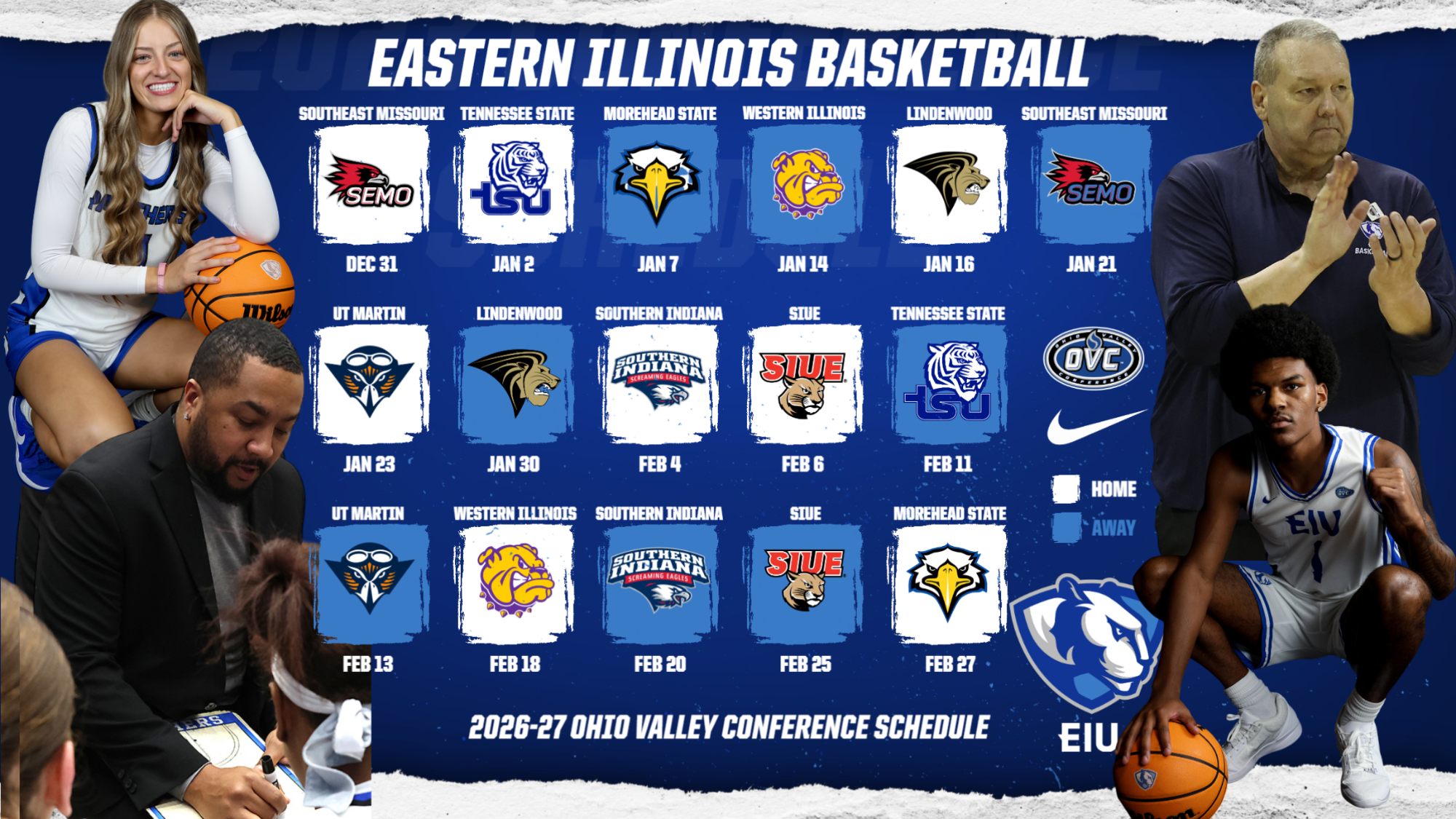 OVC Releases 2026-27 Conference Basketball Schedule - EIU's schedule with coaches Marqus McGlothan and Marty Simmons pictured... players Clara Glad and Markus Blackwell
