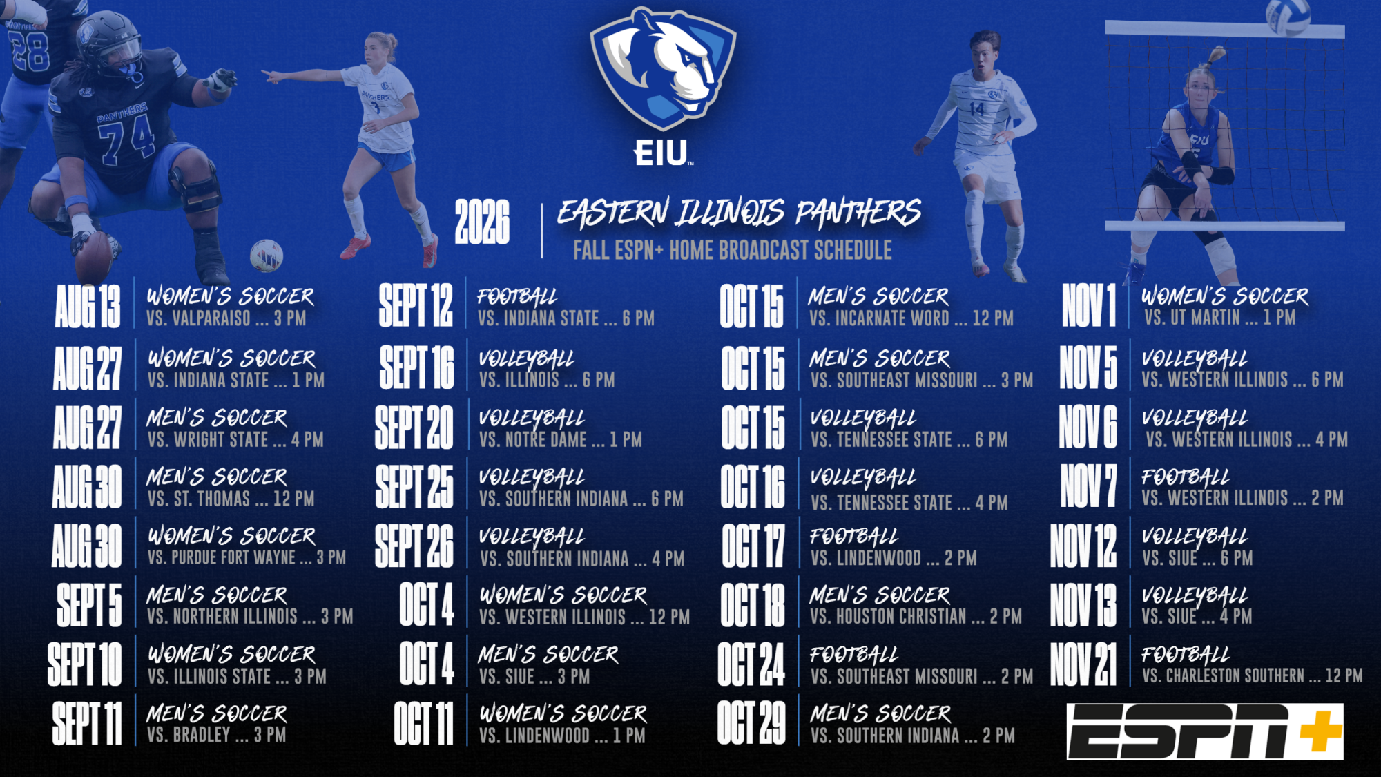 EIU Athletics Releases 2026 Fall ESPN+ Home Broadcast Schedule
