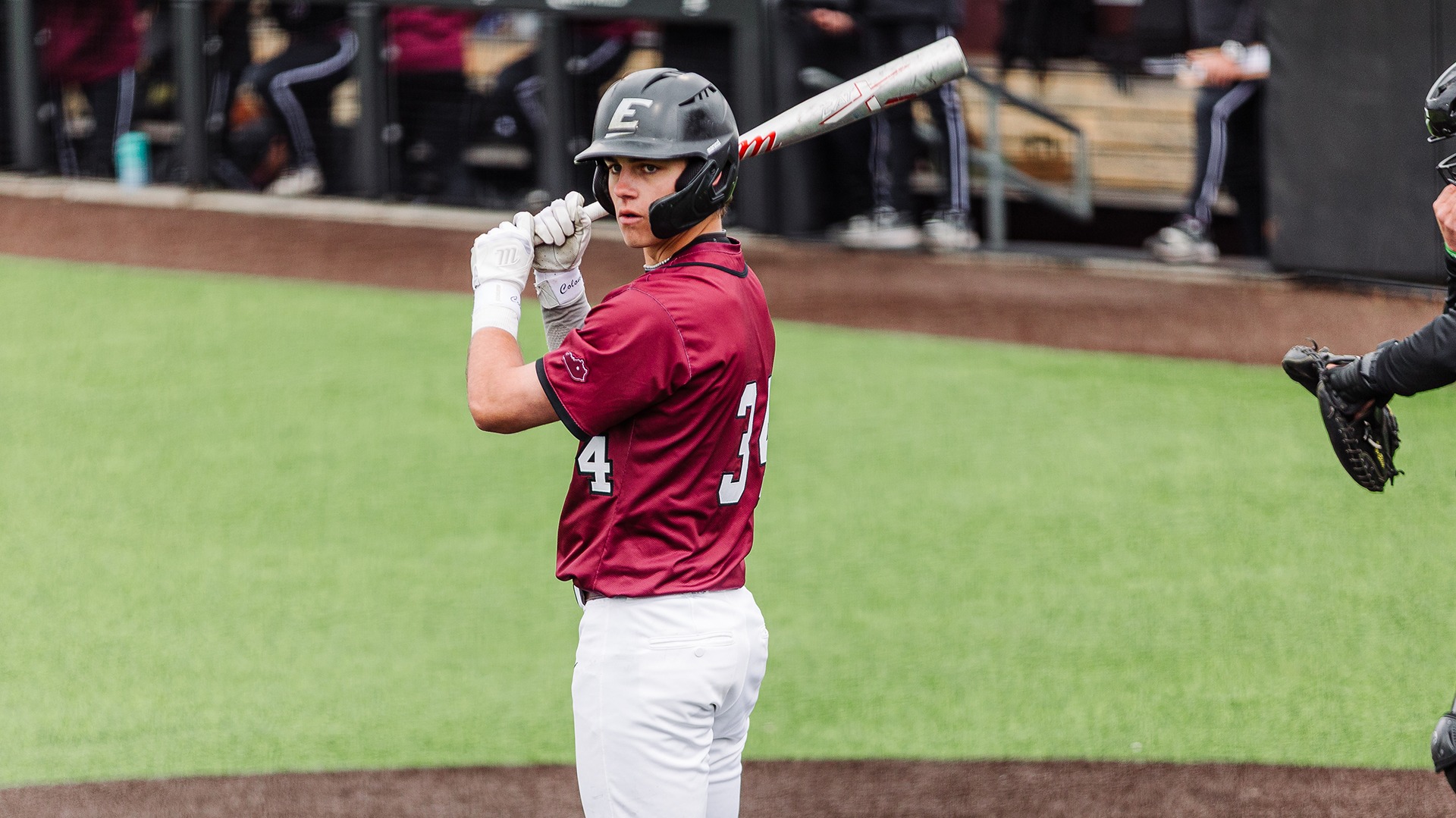Silas Shaffer looks for the sign before stepping in the box against Bellarmine