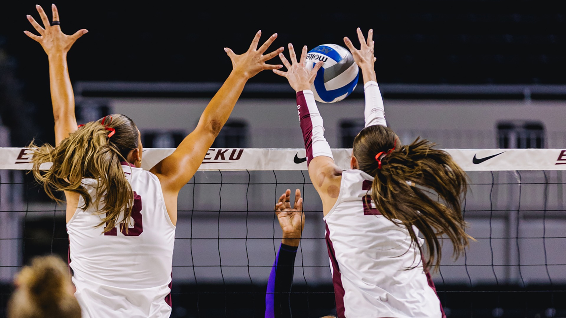 Alexis Bull and Emma Closurdo attempt to block a shot against Tarleton State