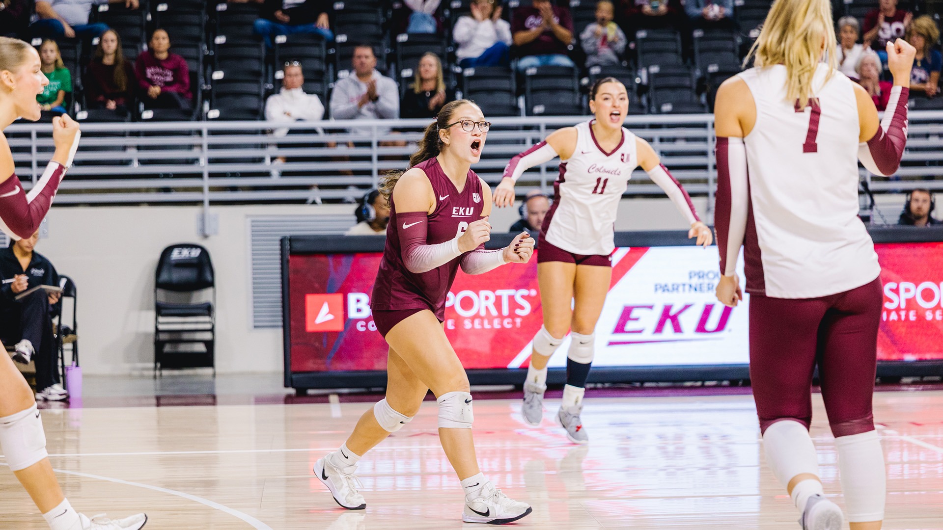 Cassidy Trahan celebrates after winning a point against Central Arkansas