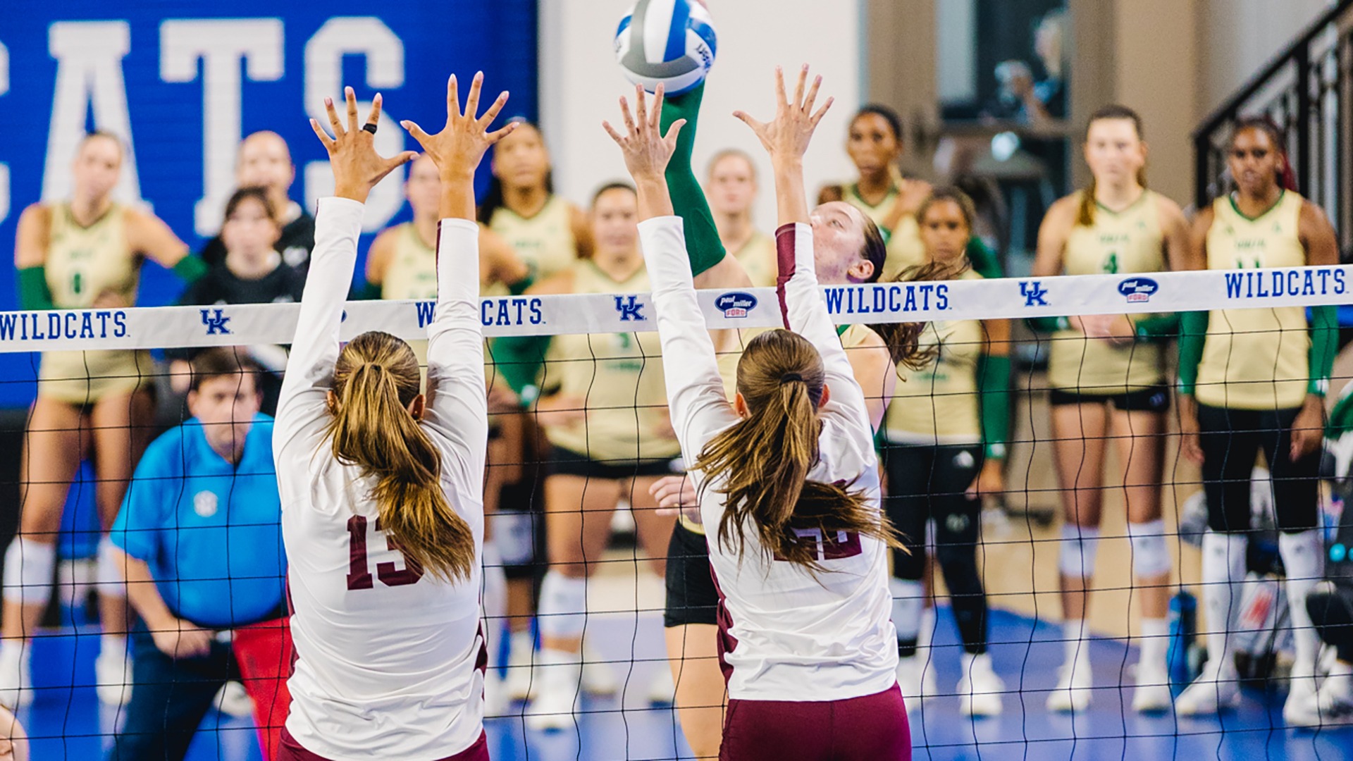 Alexis Bull and Emma Closurdo prepare to block a shot against South Florida