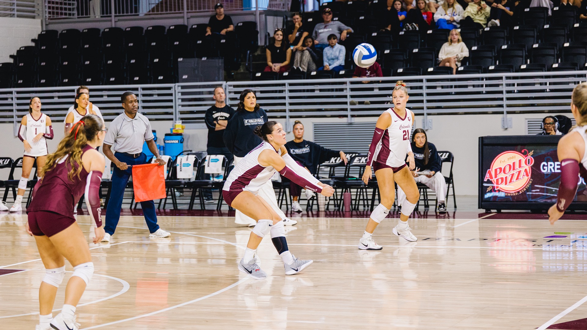 Audrey Hudson digs a ball against Tarleton State