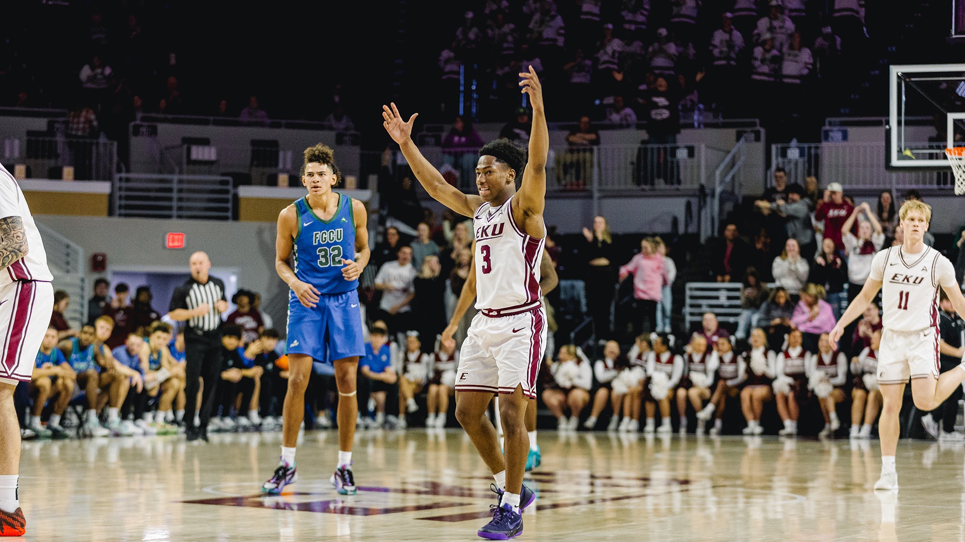 MJ Williams celebrates during EKU's comeback win over Florida Gulf Coast
