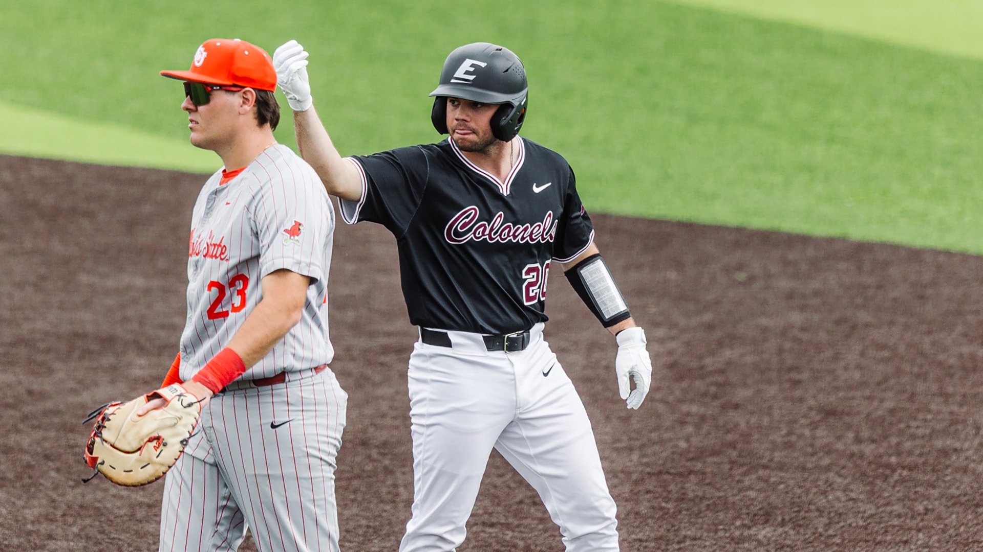 Ricco Longo celebrates a base hit against Illinois State