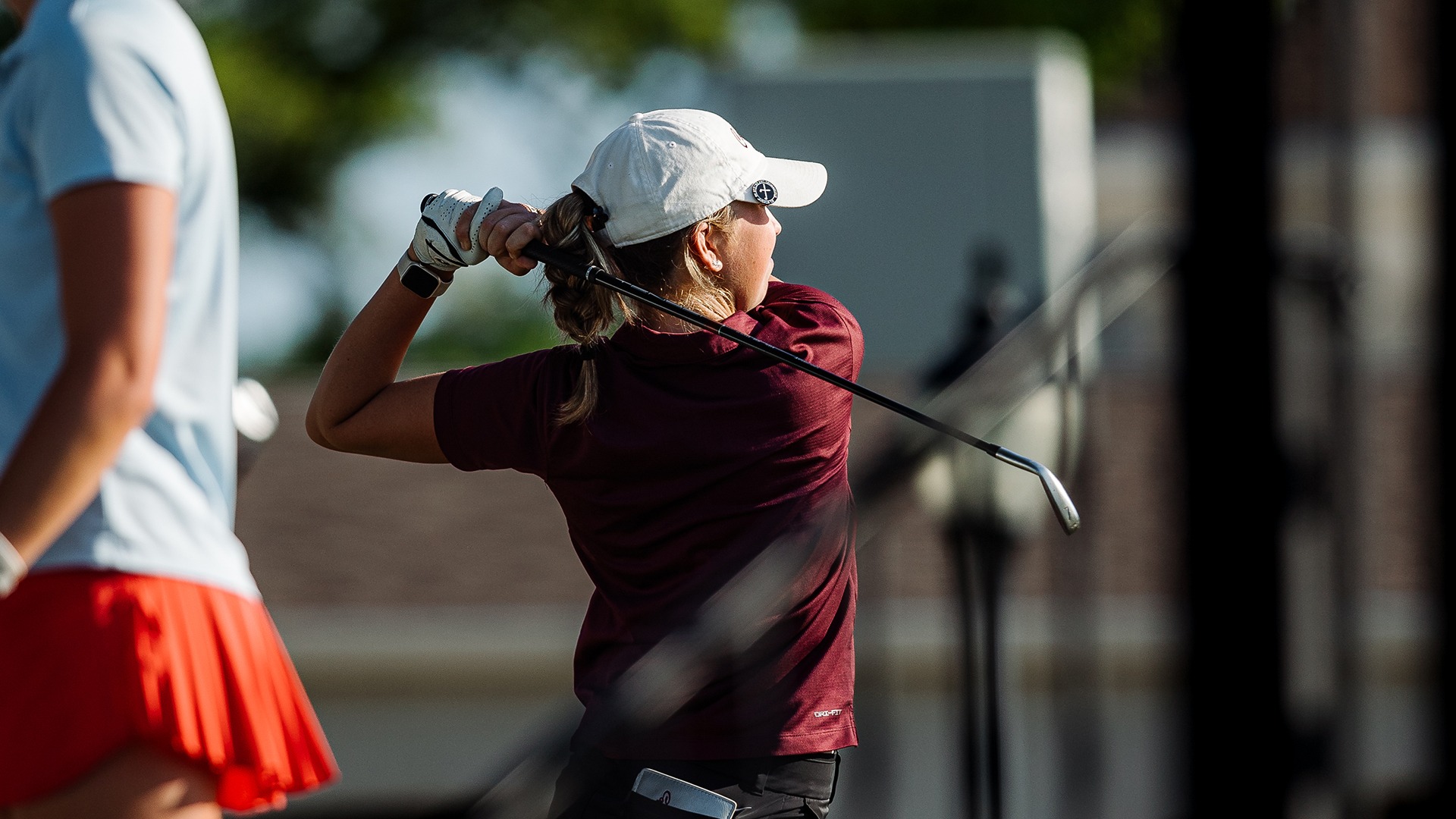 Imogen Jessen completes her swing during the first round of the ASUN Championship