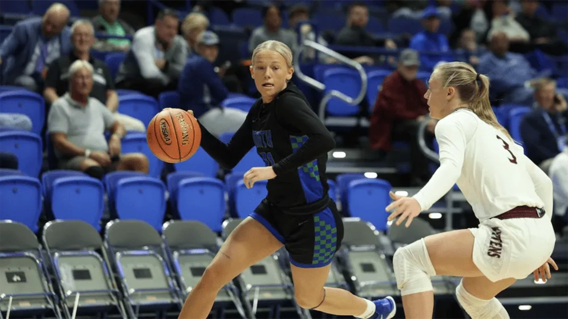 Brooke Nichelson dribbling basketball for North Laurel High School in State Tournament