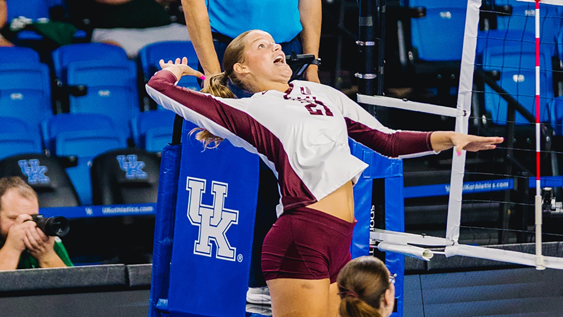 Addison Burke attack the ball at the net against South Florida