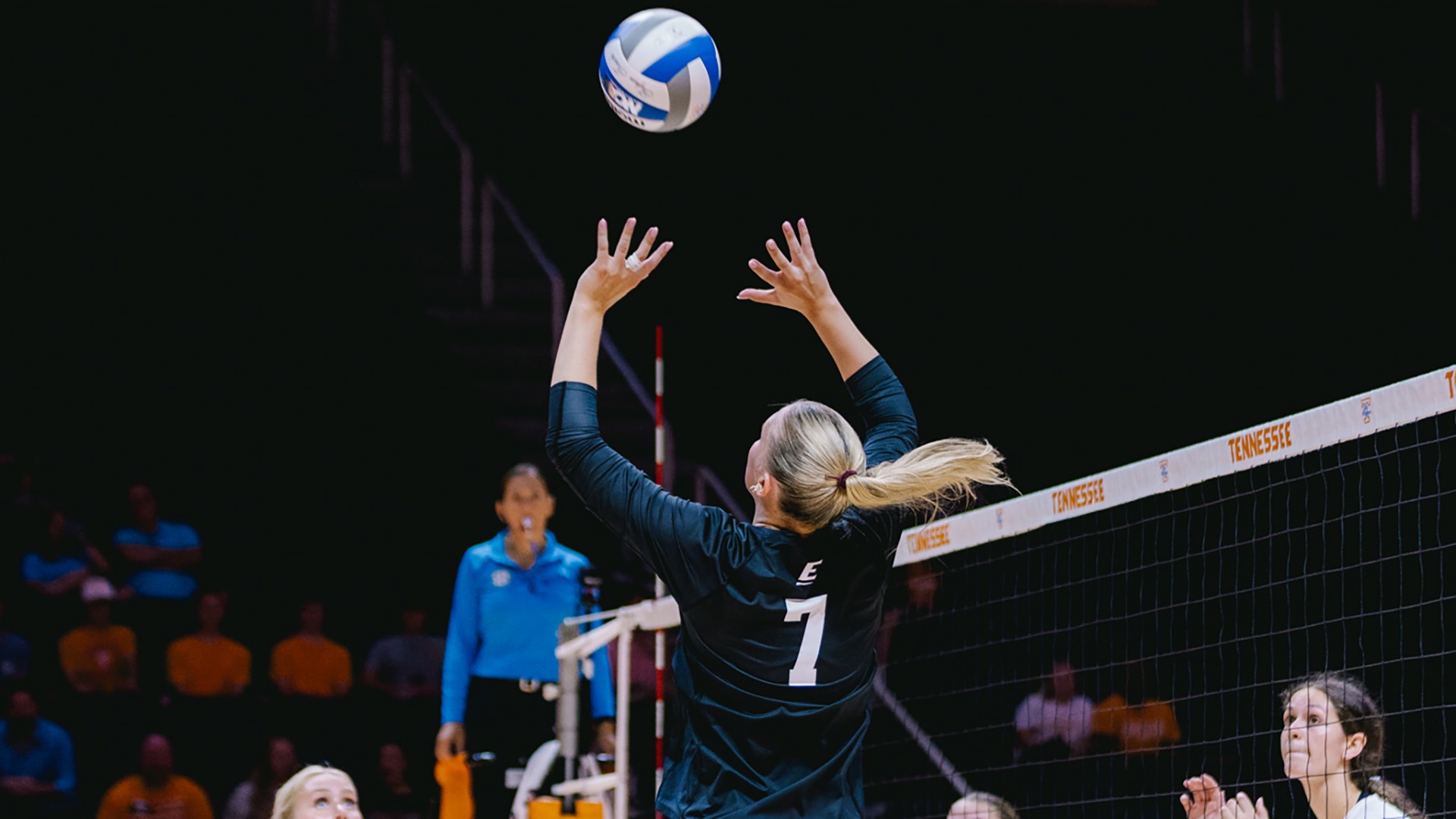 Emilee Hill sets the ball in an exhibition match at Tennessee