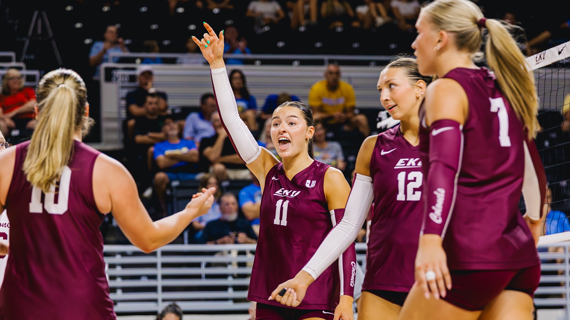 The Colonels celebrate after winning a point against Morehead State