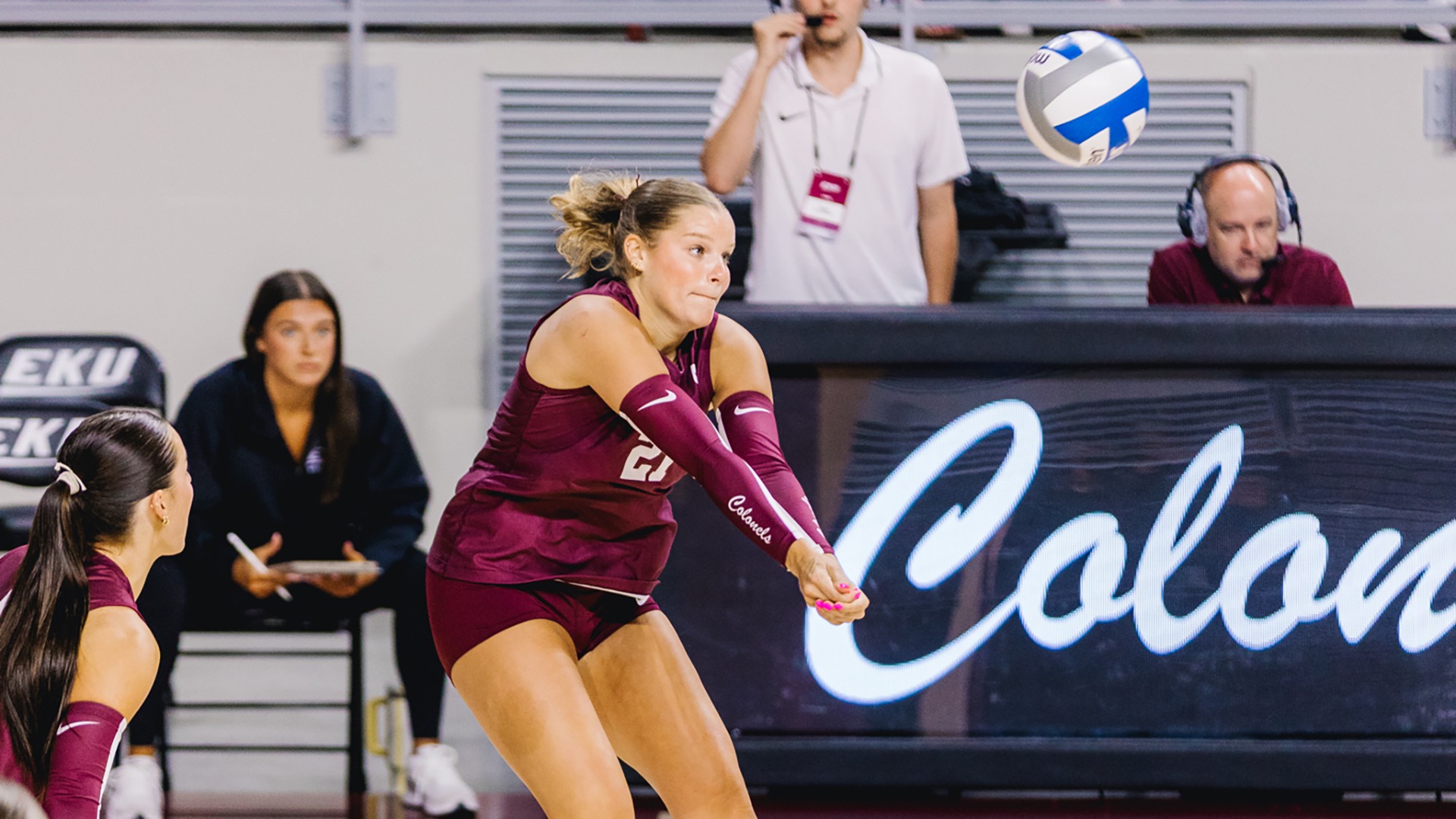 Addison Burke digs the ball against Morehead State