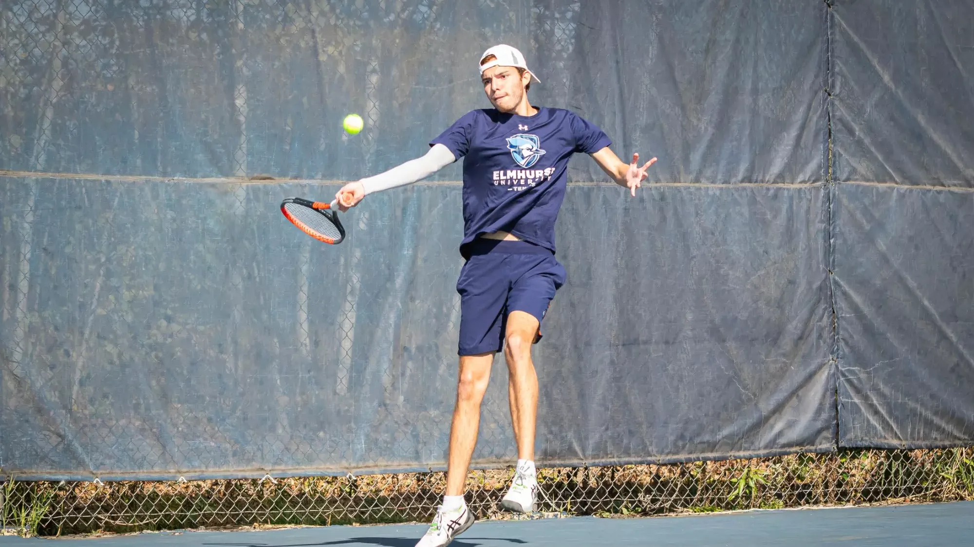 Emiliano Montenegro-Galarza during the Elmhurst University men's tennis match vs. Roosevelt University at Lester Brune Tennis Courts in Elmhurst, IL on 10/9/2024. Photo by Matthew Haufe, Elmhurst Athletics.