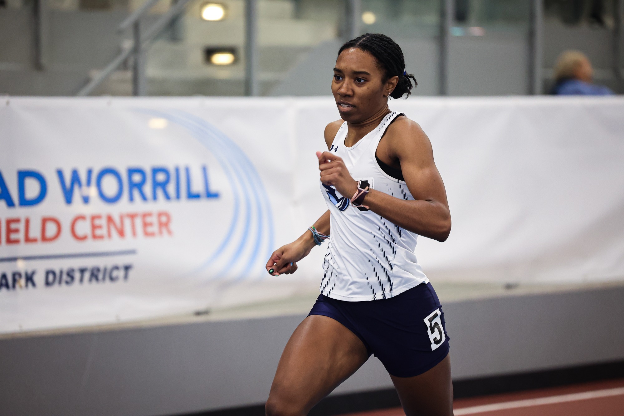 Tiana Grady of Elmhurst University women's track and field team at the DePaul Blue Demon Holiday Invite on 12/13/2024 at Gately Indoor Track in Chicago, IL. Photo by Norman Cohen/Diamond Photography.