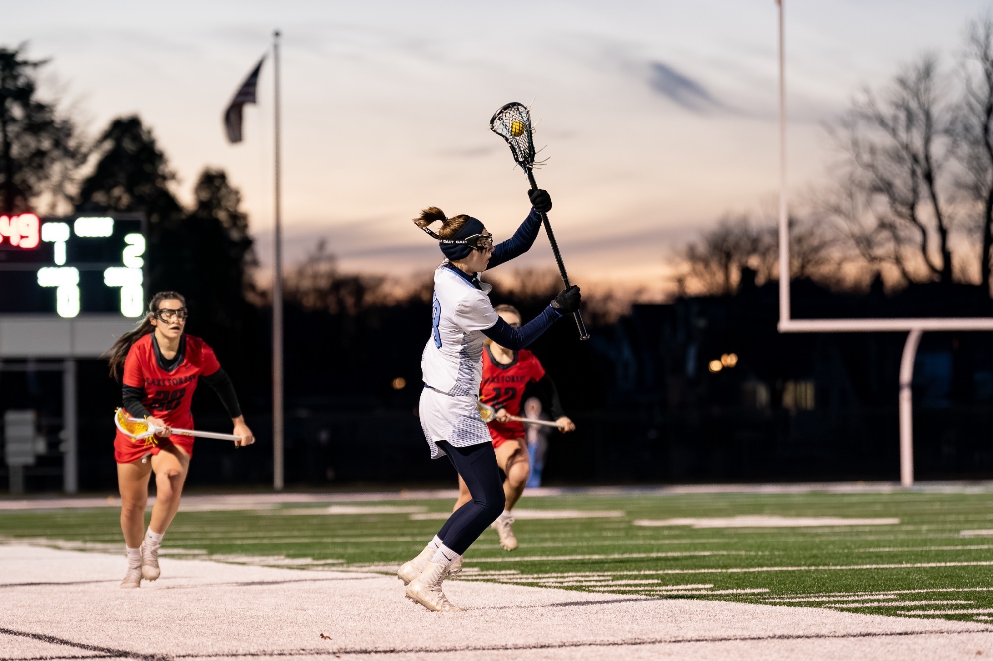 ELMHURST, IL - March 6th, 2024 - Elmhurst Attacker Paige Palermo (#18) during the game between the Lake Forest Forresters and the Elmhurst Bluejays at Langhorst Field in Elmhurst, IL. Photo By Harry Figiel