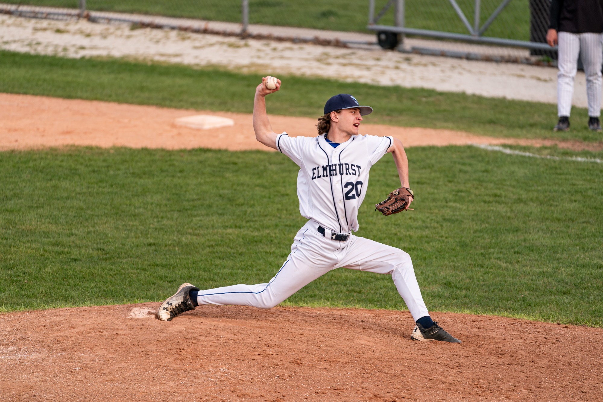 ELMHURST, IL - April 22nd, 2024 - Elmhurst Right-Handed Pitcher Brendan Fleming (#20) during the game between the Edgewood Eagles and the Elmhurst Bluejays at Butterfield Park in Elmhurst, IL. Photo By Harry Figiel