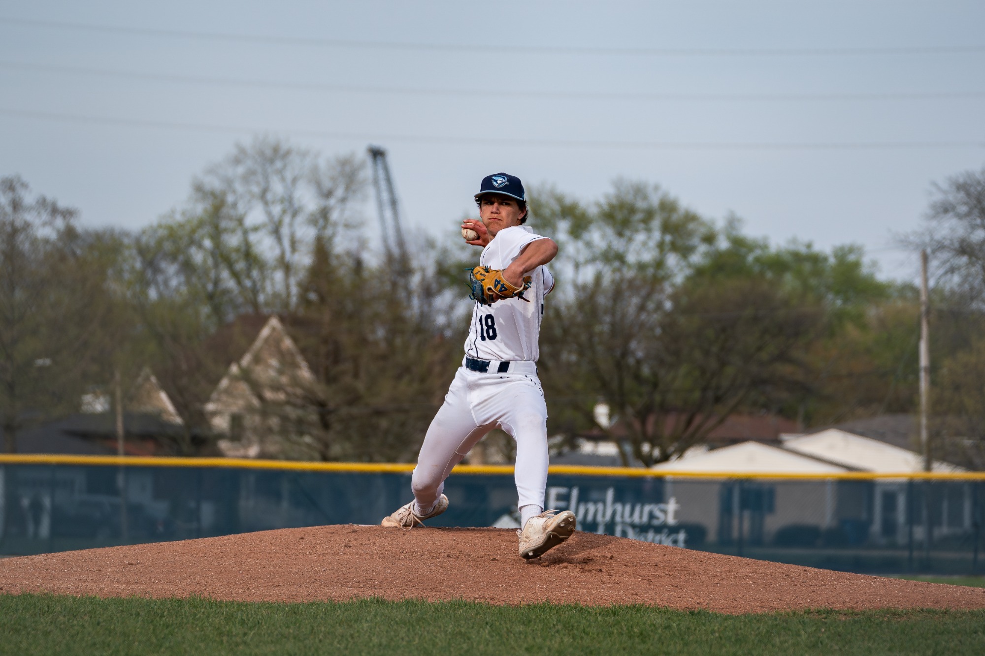 ELMHURST, IL - April 22nd, 2024 - Elmhurst Right-Handed Pitcher Landon Banaszynski (#18) during the game between the Edgewood Eagles and the Elmhurst Bluejays at Butterfield Park in Elmhurst, IL. Photo By Harry Figiel