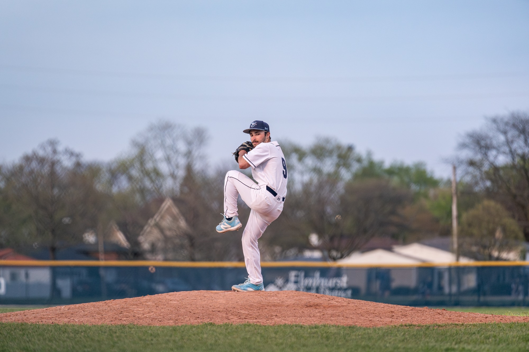 ELMHURST, IL - April 22nd, 2024 - Elmhurst Right-Handed Pitcher Robert Brenneman (#9) during the game between the Edgewood Eagles and the Elmhurst Bluejays at Butterfield Park in Elmhurst, IL. Photo By Harry Figiel