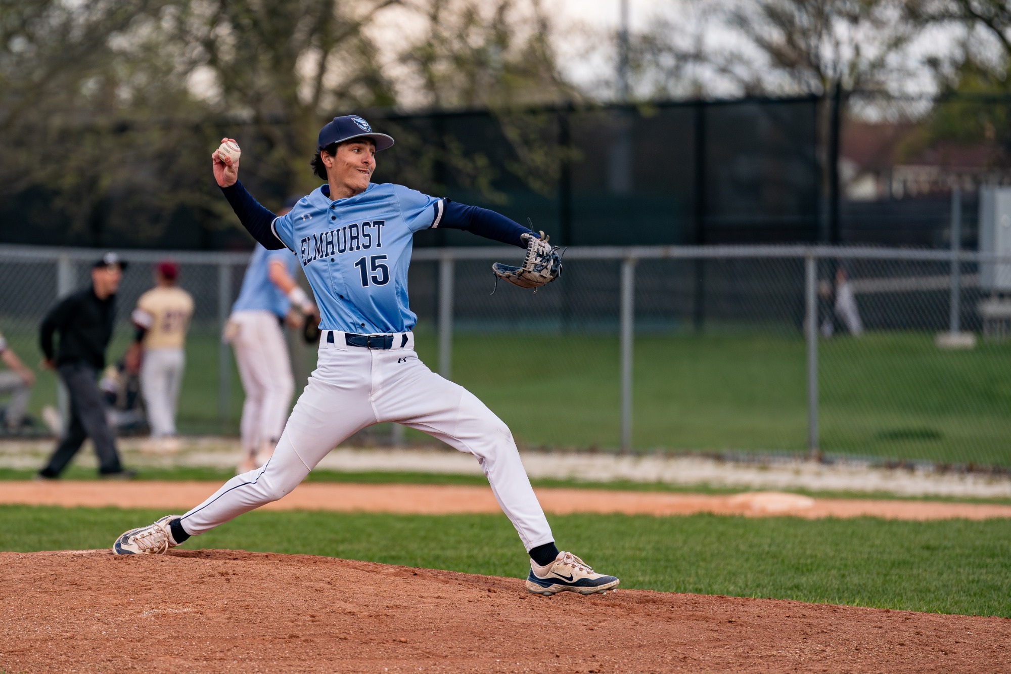 ELMHURST, IL - April 23rd, 2024 - Elmhurst Right-Handed Pitcher Johnathan Boyles (#15) during the game between the Eureka Red Devils and the Elmhurst Bluejays at Butterfield Park in Elmhurst, IL. Photo By Harry Figiel