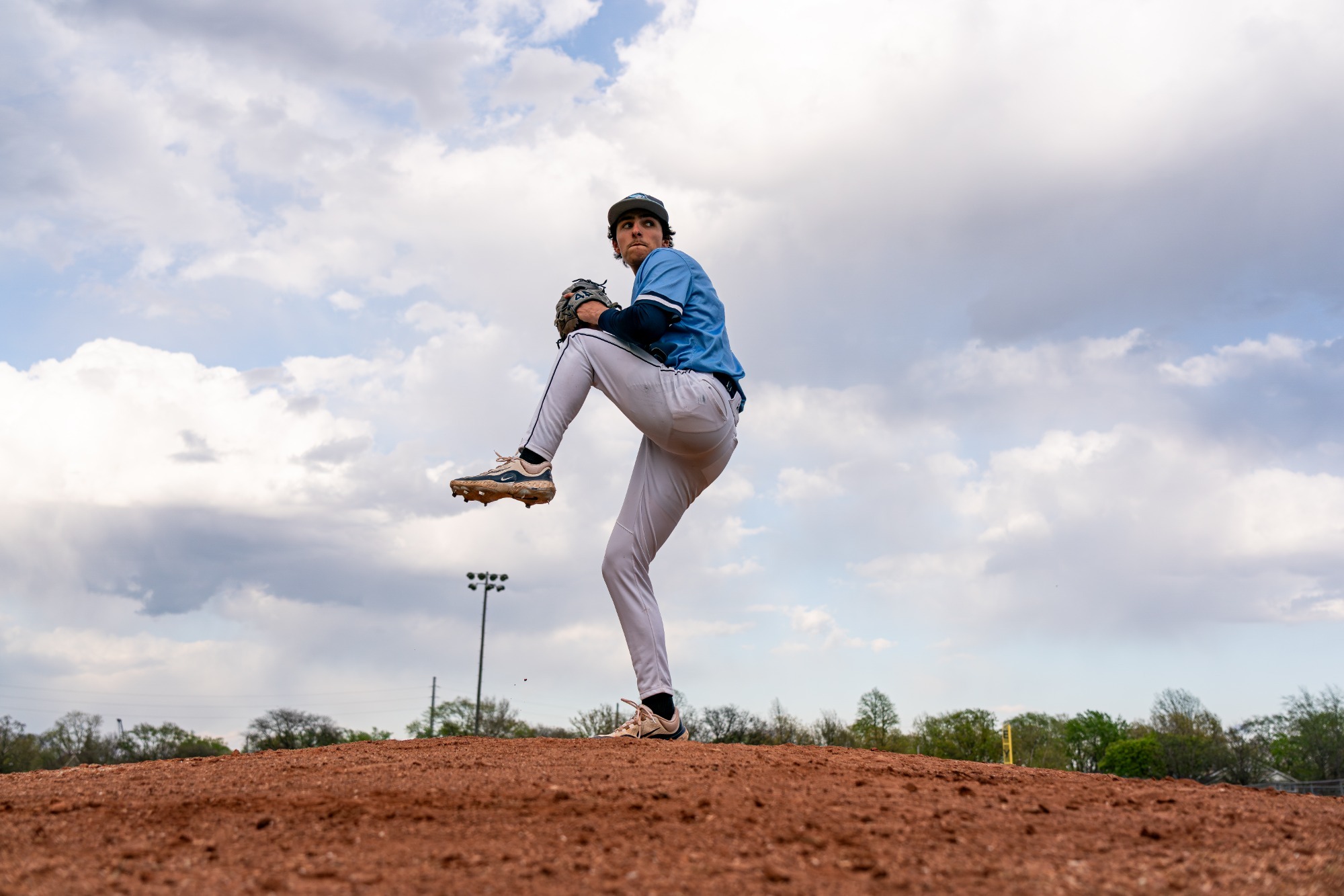 ELMHURST, IL - April 23rd, 2024 - Elmhurst Right-Handed Pitcher Johnathan Boyles (#15) during the game between the Eureka Red Devils and the Elmhurst Bluejays at Butterfield Park in Elmhurst, IL. Photo By Harry Figiel